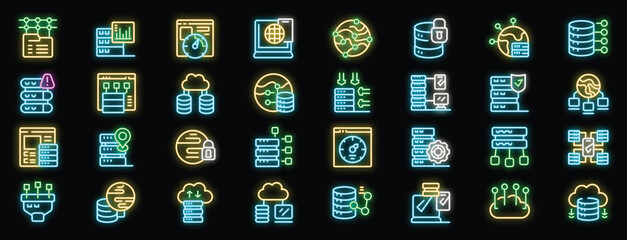 Poster - Neon icons representing various aspects of data storage, server management, cloud computing, and database solutions, highlighting key concepts in modern data infrastructure