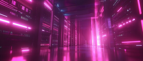 Poster - A futuristic corridor illuminated by vibrant pink lights creates a stunning atmosphere, showcasing modern technology and innovation in digital environments.