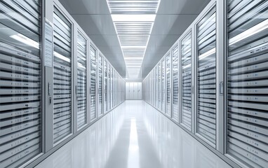 Poster - A futuristic data center corridor showcasing rows of servers with glowing lights. This image highlights the modern technological infrastructure.