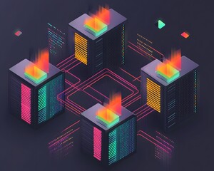 Poster - A futuristic depiction of servers with vibrant flames and neon colors, symbolizing data processing and high-tech environments, perfect for illustrating technology and innovation th