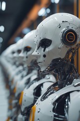 Poster - Futuristic humanoid robots lined up in a high-tech facility showcasing advanced robotics and artificial intelligence technology