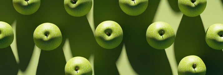 Poster - Green apples arranged in a pattern on a green background casting shadows, showcasing freshness and vibrancy