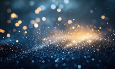 Poster - Glittering Bokeh Lights Creating Magical Atmosphere with Blue and Gold Tones, Sparkling Particles in Soft Focus