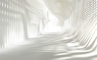 Poster - A minimalistic interior design featuring a sleek, white space with flowing patterns created by light and shadow. Ideal for artistic and modern concepts.