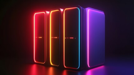 Poster - A modern collection of illuminated servers featuring vibrant neon lights in various colors. Perfect for illustrating advancements in tech, data centers, and futuristic aesthetics.