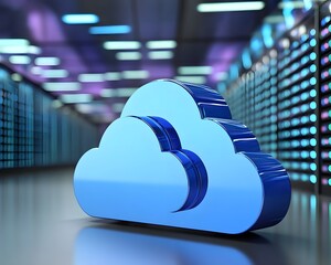 Poster - A modern cloud computing symbol set against a backdrop of vibrant server racks. This image illustrates the concept of data storage and management in the digital age.