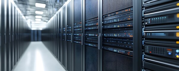 Poster - A modern data center showcasing rows of server racks, illuminated by bright lights. The environment highlights advanced technology and secure data management.
