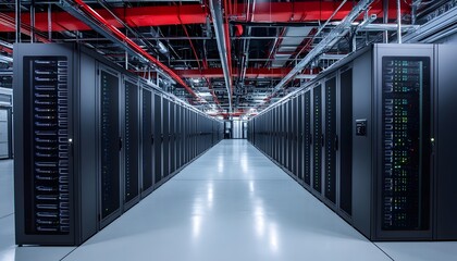 Poster - A modern data center with rows of powerful servers lined up, illuminated by bright lights, showcasing advanced technology infrastructure for cloud computing and data storage.