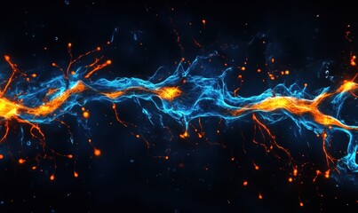 Poster - Electric blue and orange energy wave with glowing particles and dynamic flow, abstract digital art representation of energy and motion