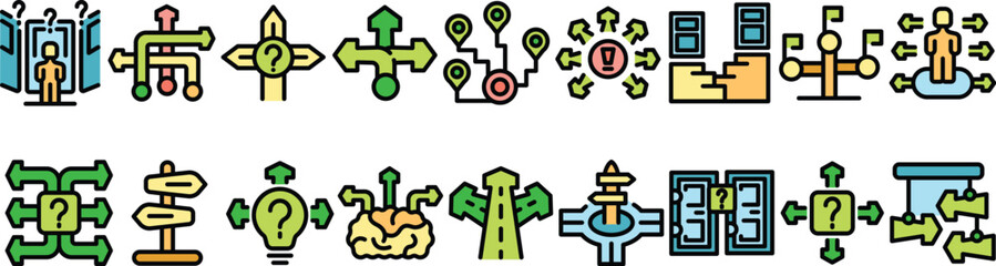 Poster - Decision making, choices, strategy planning, career path, opportunity, solution finding, confusion and decision icons set