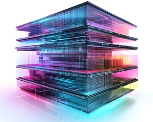 Poster - A modern, abstract representation of a multi-layered building, showcasing vibrant neon colors and intricate structural design, symbolizing innovation.