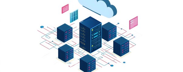 Poster - A modern illustration showcasing cloud computing technology. Multiple data servers connected in a network, symbolizing data storage and management in the digital age.