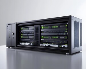 Poster - A modern server rack featuring multiple servers with green LED indicators. Ideal for showcasing data centers and high-tech environments.