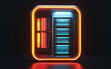 Poster - A modern, illuminated computer server with vibrant neon lights in blue and orange. The sleek design emphasizes innovation and advanced technology, perfect for digital environments.