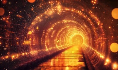 Poster - Illuminated tunnel with glowing particles and light effects, creating a mesmerizing visual journey through a digital landscape