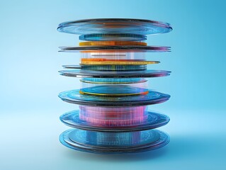 Poster - A modern, futuristic digital disk stack represents advanced technology and data storage