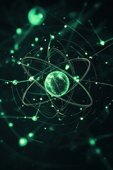 Poster - Atomic structure visualization with glowing green particles and orbiting electrons, representing energy and matter at a microscopic level