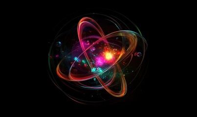 Poster - Colorful abstract representation of atom with vibrant energy and particles, showcasing atomic structure and dynamic motion