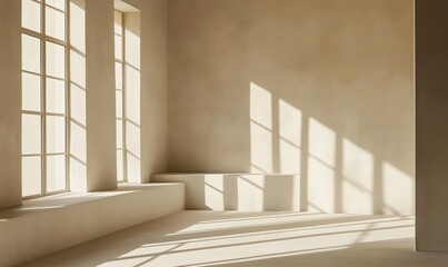 Poster - Natural light streaming through large windows in minimalist interior space, soft shadows creating serene atmosphere