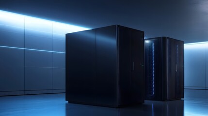 Poster - A sleek, modern data center featuring black servers illuminated by blue lighting. The atmosphere is high-tech, representing innovation and advanced technology.