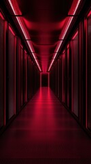 Poster - Futuristic data center corridor illuminated with red lights, sleek metallic cabinets lining walls, creating a high-tech atmosphere