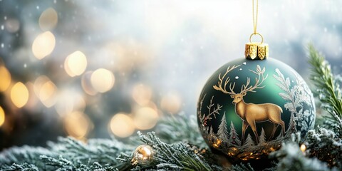 Poster - Christmas ornament featuring reindeer and snowy forest scene, beautifully decorated with golden accents and hanging from a pine branch, festive bokeh background