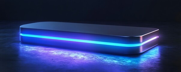Poster - A sleek, modern device illuminated with vibrant blue and purple lights, set against a dark background. Perfect for showcasing innovation and design.