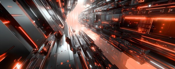 Poster - A stunning digital abstraction featuring a futuristic corridor of metallic structures illuminated with vibrant red and silver lights, creating a mesmerizing sense of speed and dept