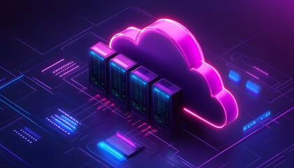 Poster - A vibrant and futuristic illustration depicting cloud computing with neon colors. The cloud is surrounded by digital elements, representing advanced technology and data storage.