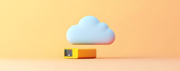 Poster - A vibrant and modern depiction of a cloud storage icon on a yellow platform, set against a soft orange background, symbolizing digital innovation and data management.