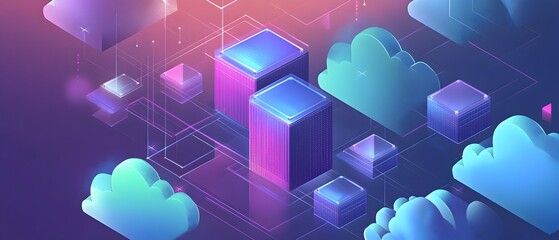 Poster - A vibrant and modern digital landscape featuring colorful geometric shapes and clouds. Ideal for illustrating innovation, technology, and abstract concepts in design.
