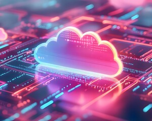 Poster - A vibrant cloud icon glowing in futuristic neon colors, symbolizing digital data storage and cloud computing technology. Ideal for tech-related concepts.