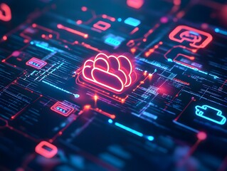Poster - A vibrant digital cloud icon stands out against a backdrop of interconnected data streams and symbols, representing cloud computing, connectivity, and modern technology advancement