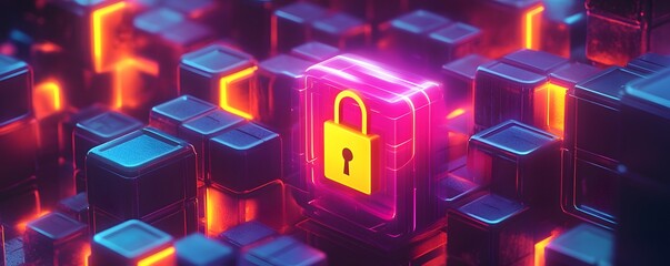 Poster - A vibrant display of digital security, featuring a glowing lock icon amidst a background of neon cubes. Represents modern cybersecurity concepts.