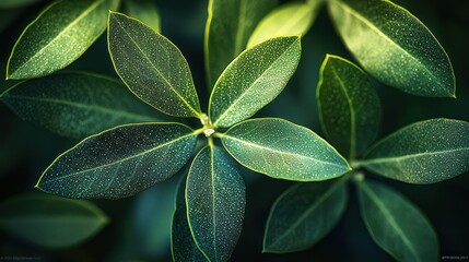 Wall Mural - Green leaves close-up with dark background bokeh.