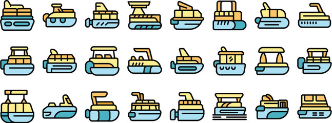 Poster - pontoon boat icons set, outline color flat style, isolated on white background