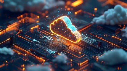 Poster - A visually striking representation of cloud computing, showcasing a glowing cloud icon atop a digital circuit board, symbolizing innovation and advanced technology in the digital a