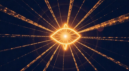 Wall Mural - Radiating golden eye with beams of light on a dark cosmic background. Concept of all-seeing vision, mysticism, and spiritual awareness