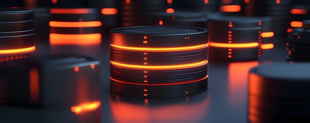 Poster - Close-up of glowing data storage devices in a digital environment, showcasing sleek designs and vibrant colors. Ideal for technology and data management themes.