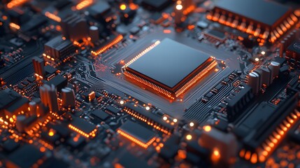 Poster - Close-up view of a microprocessor on a circuit board, showcasing intricate details and glowing components, representing the heart of modern electronics and computing innovation.
