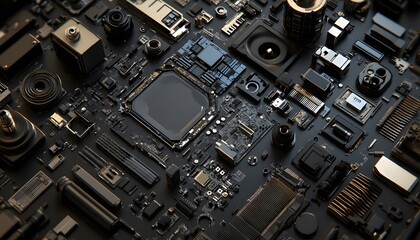 Poster - Close-up shot of a detailed circuit board, showcasing intricate components and a central processing unit. Ideal for technology-related designs and innovations in electronics.