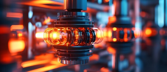 Poster - Close-up view of advanced machinery components illuminated with vibrant orange light, showcasing intricate details of technology and engineering in modern industry.