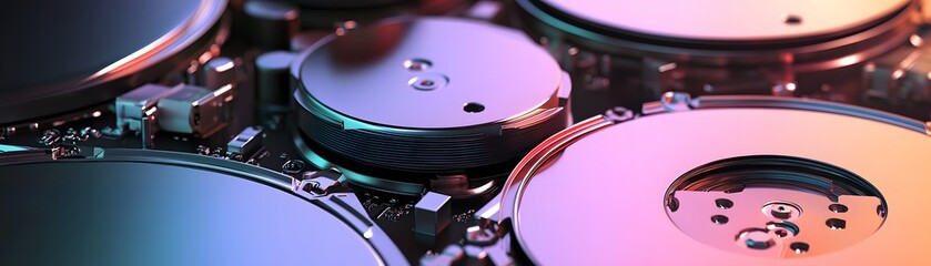 Poster - Close-up view of computer hard drive components showcasing intricate metal patterns and reflective surfaces. Ideal for technology-related themes and digital innovation.