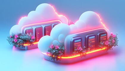 Poster - Futuristic cloud storage concept featuring illuminated clouds with floral accents, blending nature and technology for a seamless digital experience.