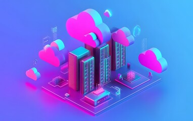 Poster - Futuristic digital buildings and cloud icons in vibrant gradients, representing smart cities and cloud computing technologies in an abstract design, ideal for tech-related visuals.