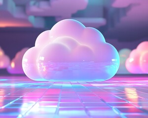 Poster - Futuristic dreamy scene featuring a glossy cloud against a vibrant digital backdrop, reflecting creativity and innovation in tech design.