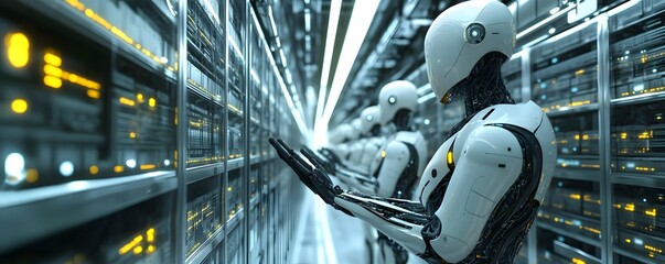 Poster - Futuristic humanoid robots manage data in a high-tech server room, showcasing the intersection of artificial intelligence and advanced computing in today's digital landscape.