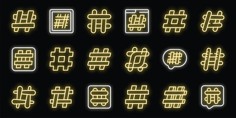 Poster - Bright yellow neon hashtag icons glowing on dark background, representing social media trends and online communication