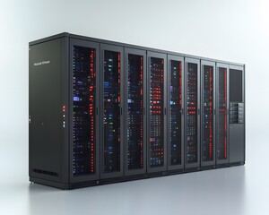 Poster - Modern server racks lined up in a data center, showcasing high-tech equipment with colorful LED lights, ideal for technology and computing themes.
