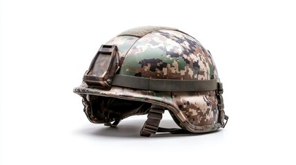 a side profile of a highly advanced military helmet featuring modern tactical enhancements, ideal fo